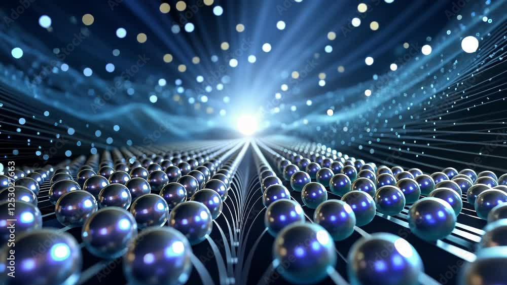 Poster journey through a cosmic landscape filled with shimmering spheres and radiant beams of light in a st