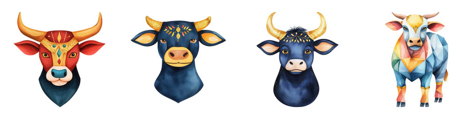 Naklejka premium A vibrant collection of stylized cow heads, each showcasing unique colors and patterns, emphasizing artistic art style and cultural significance.