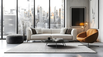 Luxurious Modern Living Room Interior with Floor-to-Ceiling Windows