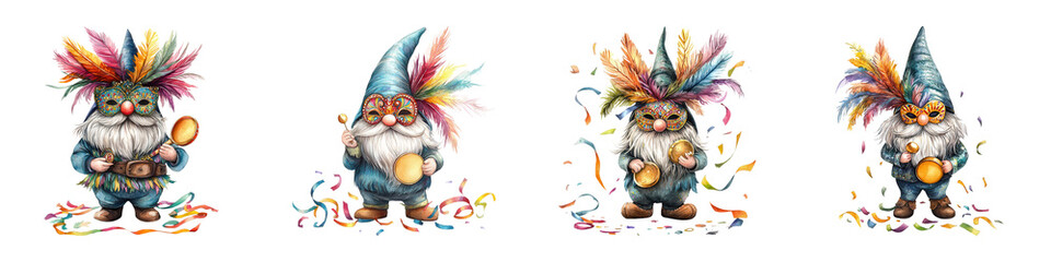 Fototapeta premium Colorful gnomes with vibrant hats and whimsical accessories, each holding an object, showcase playful and festive characteristics.