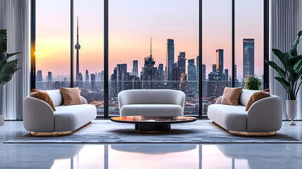 Fototapeta premium Modern Luxurious Living Room with City View and Natural Light