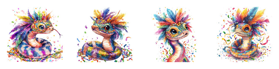 Fototapeta premium A colorful, whimsical creature with vibrant feathers and playful expressions, showcasing various angles.