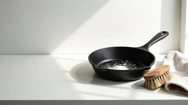 Cleaning Cast Iron Skillet with Baking Soda and Brush on White Surface