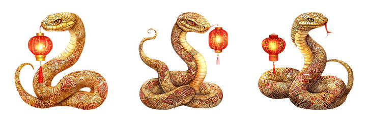 Three ornate snakes coiled elegantly, each holding a decorative lantern, showcasing intricate patterns and vibrant colors.