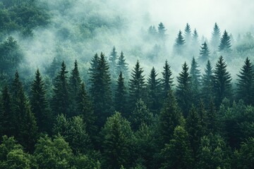 Misty morning in a dense forest of pine trees.