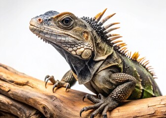Fototapeta premium Juvenile Black Spiny-Tailed Iguana on Branch, Close-Up Studio Shot, Reptile Photography
