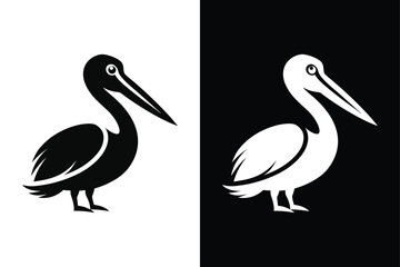  Pelican Bird Silhouette Vector Icon Black and White Background.