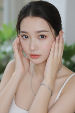 Graceful portrait of a asian woman with luminous complexion and silver jewelry