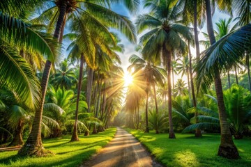 Sun-drenched path through a lush palm grove, bathed in high-DOF sunlight.