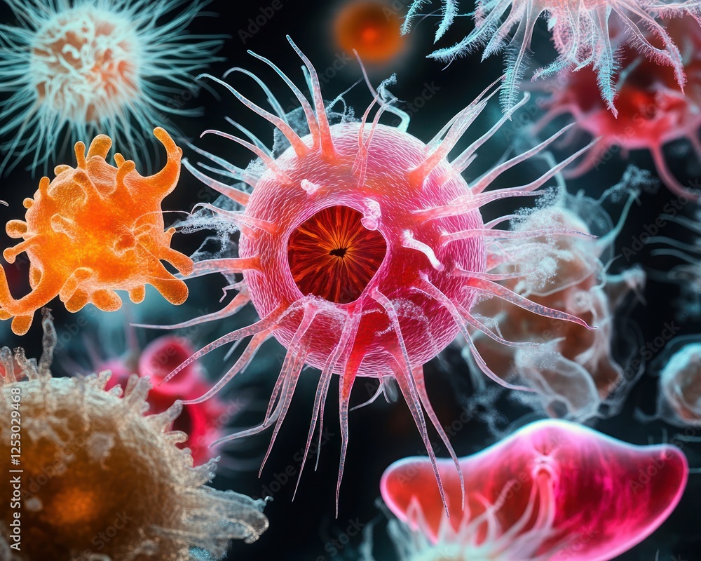 Poster colorful microscopic view of various microorganisms in a dark background displaying diverse shapes a