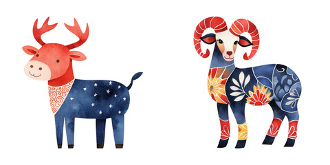 Two stylized animals: a deer with antlers and a ram, both featuring colorful patterns and decorative elements.