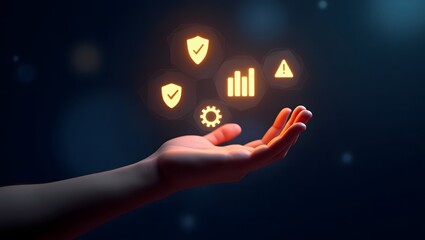3D Hand Holding Glowing Risk Management Icons – Shield, Checklist, Chart, Warning, Gear – Futuristic Business Concept.