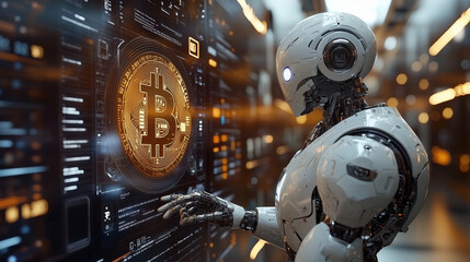 Robot interacting with a Bitcoin digital interface in a futuristic setting. AI Generated Images