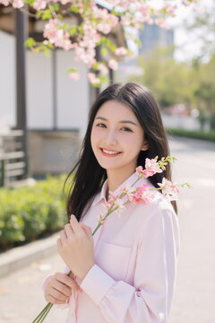 Serene woman with delicate pink blooms  