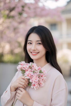 Serene woman with delicate pink blooms  
