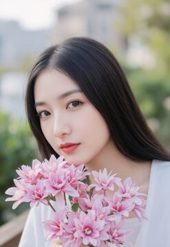 Serene woman with delicate pink blooms  