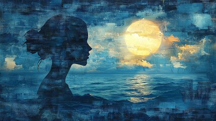 Silhouette Serenity, A Woman's Contemplation by the Moonlit Sea in Textured Harmony