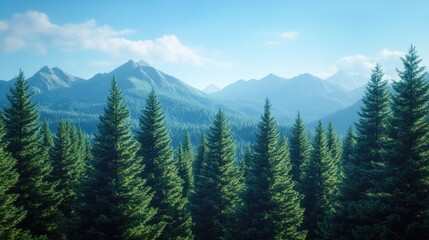 Fototapeta premium A tranquil forest scene with towering evergreens and majestic mountains in the background.
