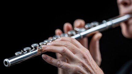 Woman Playing Flute Close-up Black Background