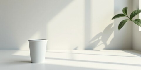 A single, empty, white disposable cup sits on a pristine white surface, bathed in soft, natural light filtering through a nearby window, casting gentle shadows from unseen foliage.
