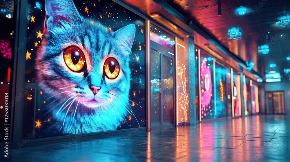 Poster futuristic urban scene featuring vibrant cat mural with neon lights and colorful background in moder