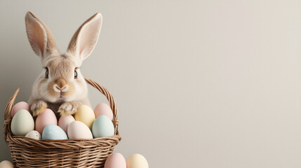 Fototapeta premium Easter bunny holding a basket of colorful eggs. Simple, plain background highlights the festive scene.