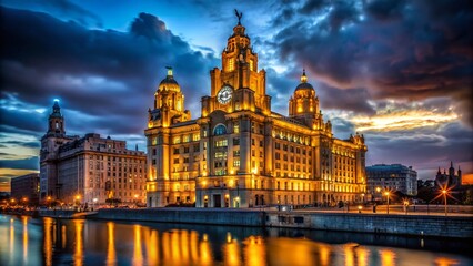 Fototapeta premium Liverpool Liver Building Night Photography - Iconic Cityscape at Dusk