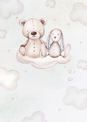 Watercolor newborn Baby Shower greeting card with babies boy girl. Birthday baby shower of new born baby