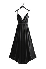 sleek black dress mockup on a minimalist hanger, floating on a white canvas.