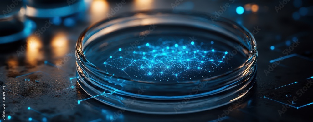Poster Abstract digital network visualization in petri dish with glowing connections and futuristic elements