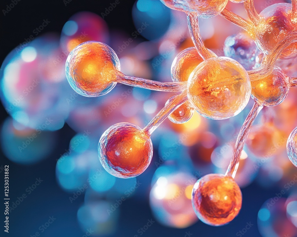 Poster Colorful Macro View of Abstract Molecular Structure with Glowing Spheres and Light Reflections