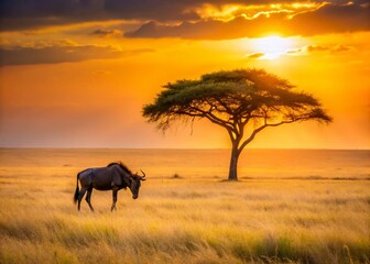 Lone Wildebeest Grazing Golden Savanna Sunset Acacia Tree Africa Wildlife