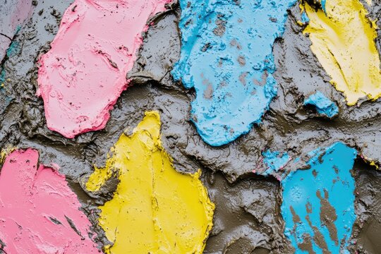 Muddy and colorful panels that were once painted, now splattered with a variety of colors, creating an abstract and visually interesting piece.