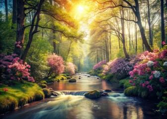 Fototapeta premium Vintage serenity: a stream whispers past blooming flowers, a lush forest breathes softly.