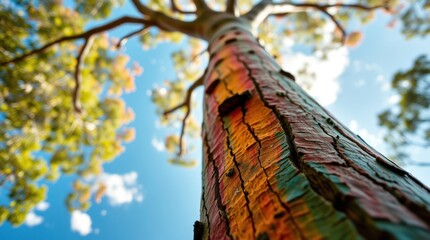 Vibrant eucalyptus tree trunk reaching towards the sky under a bright blue backdrop with clouds