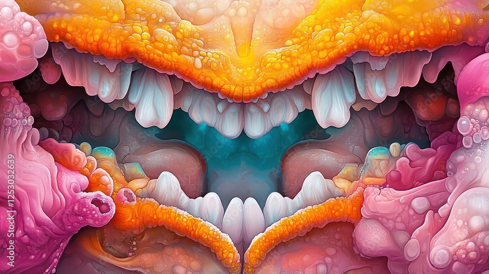 Poster vivid abstract image of colorful organic shapes with whimsical patterns and bright textures