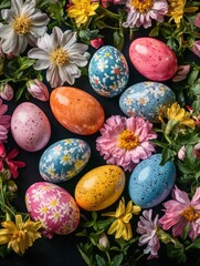 Obraz premium Colorful, decorated eggs for a spring celebration.