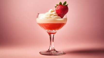 Delicious strawberry ice cream cocktail in glass. Red-tinted drink with whipped cream and a strawberry on top.
