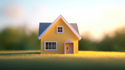 realistic 3D figure of yellow house on plain background, surrounded by grass, evokes sense of warmth and tranquility. house features sloped roof and windows, creating charming scene