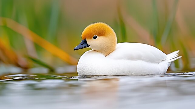 Female smew duck swimming calmly in a pond during daytime with soft green reeds in the background.