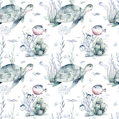 Watercolor seamless pattern with underwater world Bright fish, whale, shark dolphin starfish animals. Jellyfish seashells. Sea and ocean fish life background
