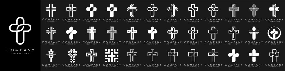 Fototapeta premium set of church logo design vector. minimal Jesus Christ Cross. line style concept for Christian Church Community inspiration