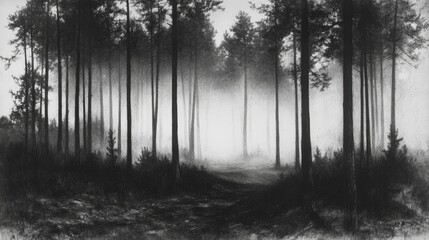 Naklejka premium Misty forest path, tall trees, grayscale.