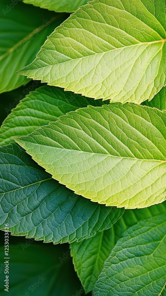 Poster close-up view of vibrant green leaves showcasing natural texture and variations in shade and light