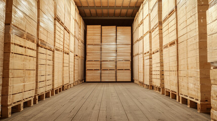 Inside an open truck, pallets stacked in rows. The trailer is filled with neatly packed cargo.