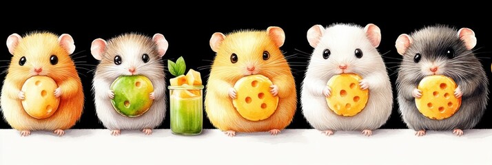Cute Hamsters Eating Colorful Cookies with Refreshing Drink on a Dark Background