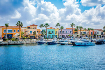 Obraz premium Vibrant pastel harbor with moored yachts and palm-lined architecture, perfect for a coastal dream getaway