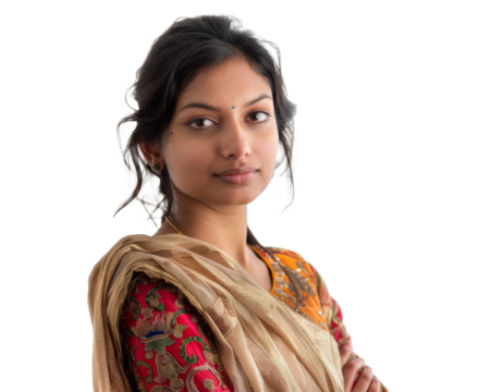 A young female Indian businesswoman in traditional and contemporary fusion wear, white background.