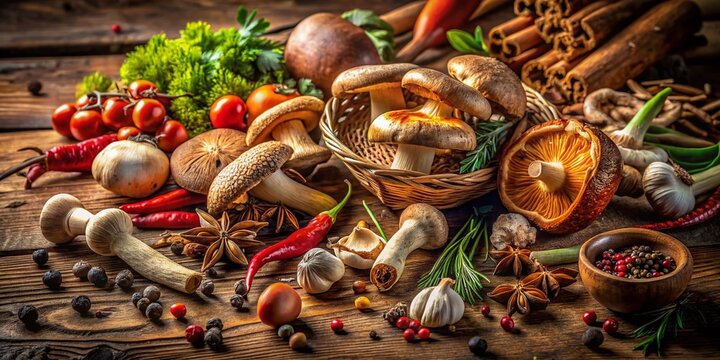 Long Exposure Photo of Fresh Mushrooms & Spices on Rustic Wood