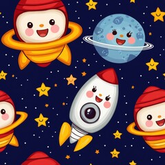 seamless pattern background, Colorful Cartoon Space Theme with Happy Planets and Rockets in Dark
